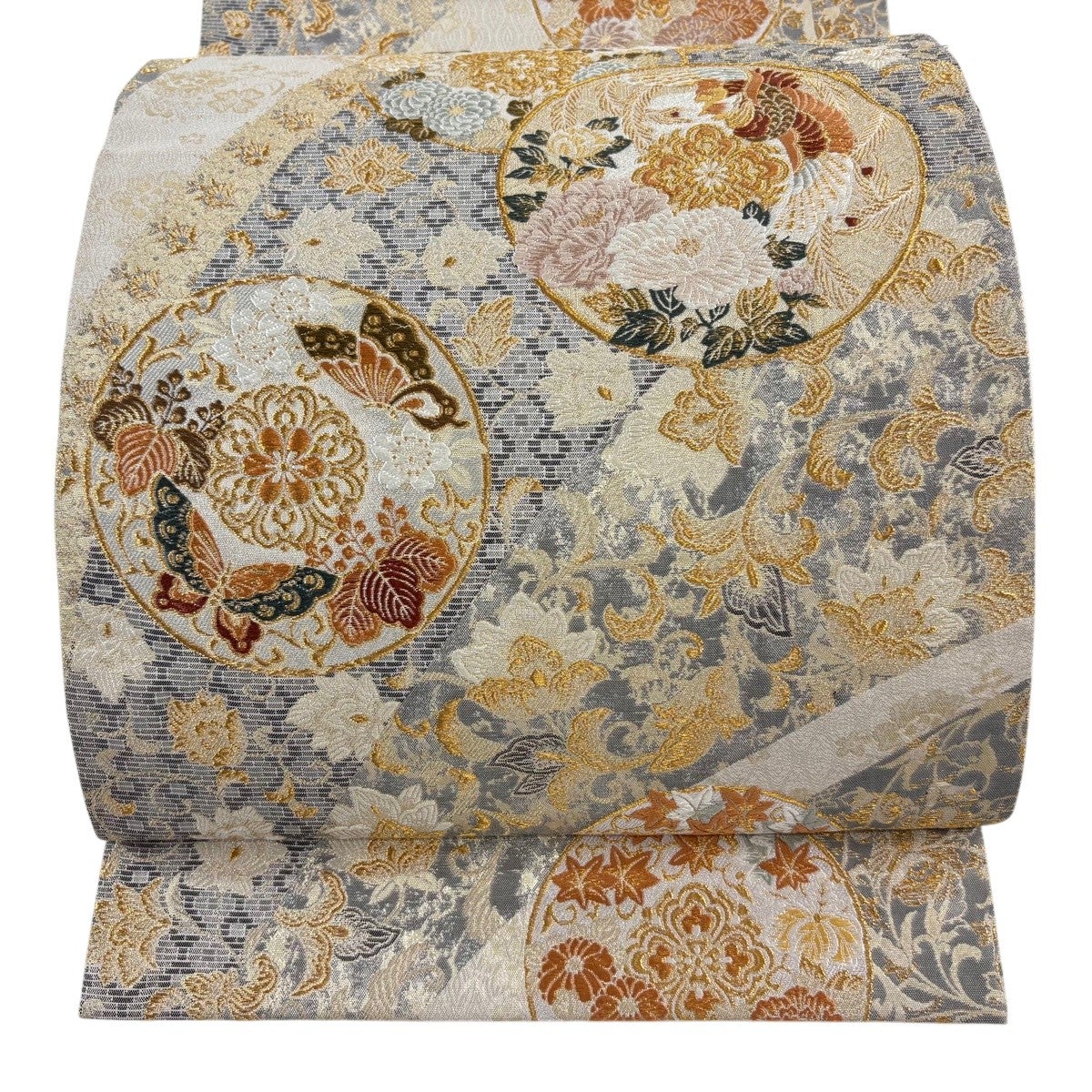 美品】 袋帯 秀品 鈴乃屋 虹彩英華文 花鳥 箔 金糸 クリーム 六通 正絹