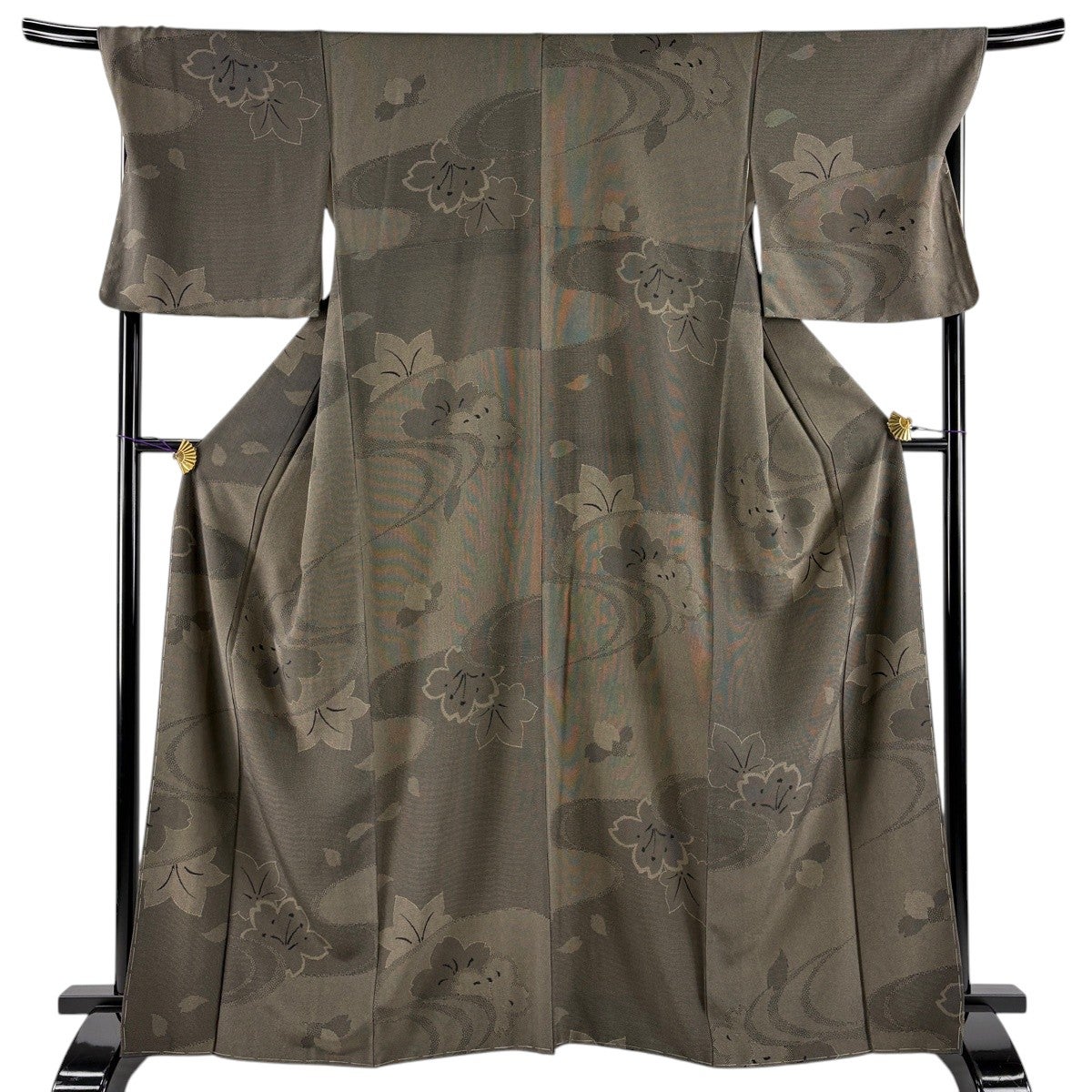 小紋 身丈165.5cm 裄丈69.5cm L 袷 江戸小紋柄 桜 楓 茶緑色 正絹 秀品