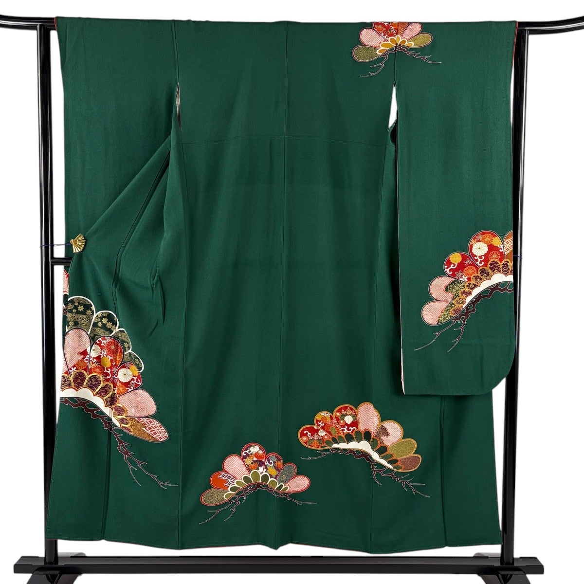振袖 身丈152cm 裄丈62.5cm S 袷 笠松 菊唐草 金糸 金彩 深緑 正絹 秀