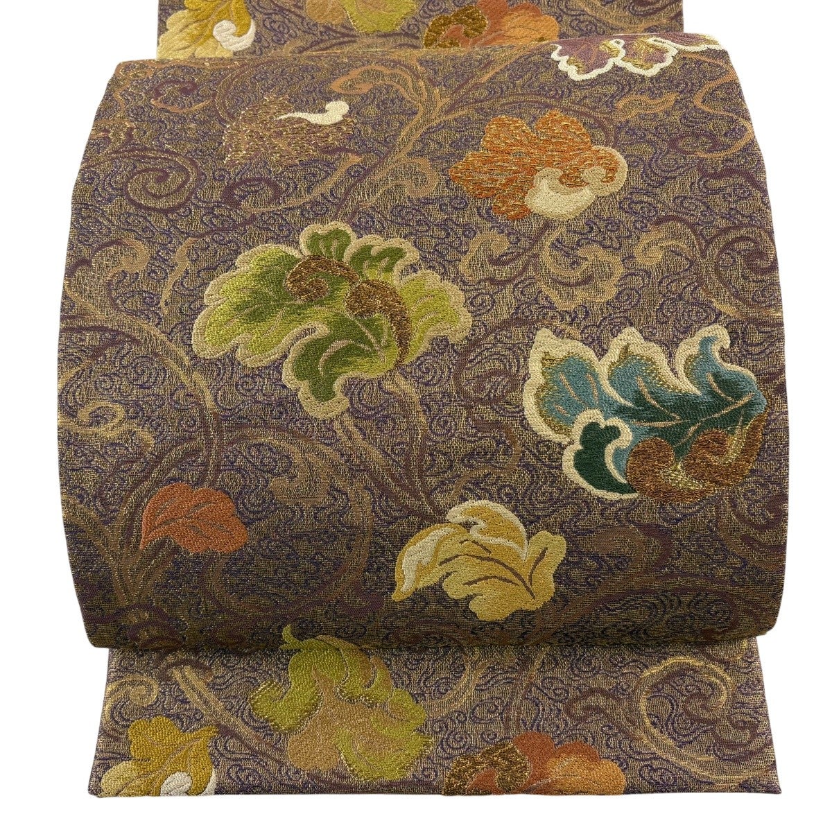 美品】 袋帯 名品 市松 花唐草 金糸 箔 焦茶色 六通 正絹｜中古・古着