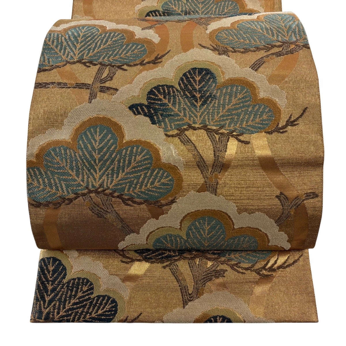 未使用正絹夏帯六通袋帯 花井幸子デザイン 美品】 袋帯 名品 花井幸子 落款あり 松 金糸 箔 金色 六通 正絹｜中古