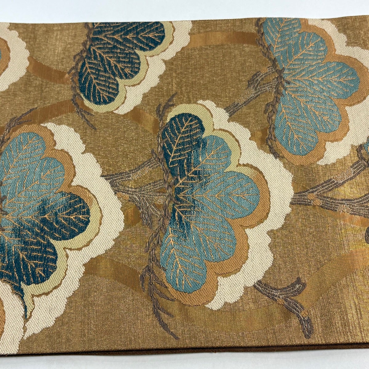 未使用正絹夏帯六通袋帯 花井幸子デザイン 美品】 袋帯 名品 花井幸子 落款あり 松 金糸 箔 金色 六通 正絹｜中古