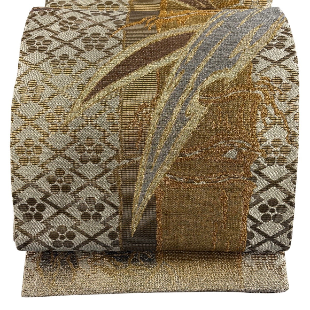 美品】 袋帯 名品 竹 梅 金糸 箔 黄土色 お太鼓柄 正絹｜中古・古着