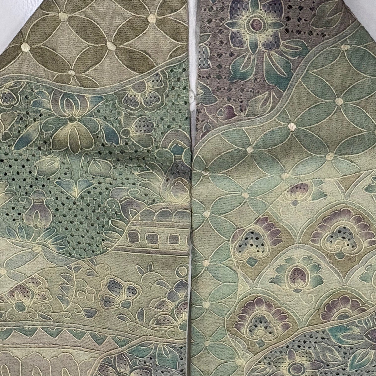 小紋 身丈165cm 裄丈64.5cm M 袷 草花 七宝 刺繍 灰緑 正絹 逸品｜中古