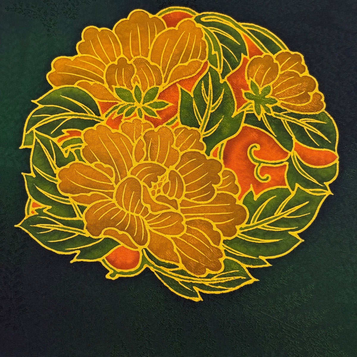 正絹 反物 蘇州刺繍 絵羽羽尺 証紙有 花籠 黒 羽織 コート 未使用 反物 優品 羽尺 羽織 和装コート 牡丹 地紋 ぼかし 深緑 正絹｜中古