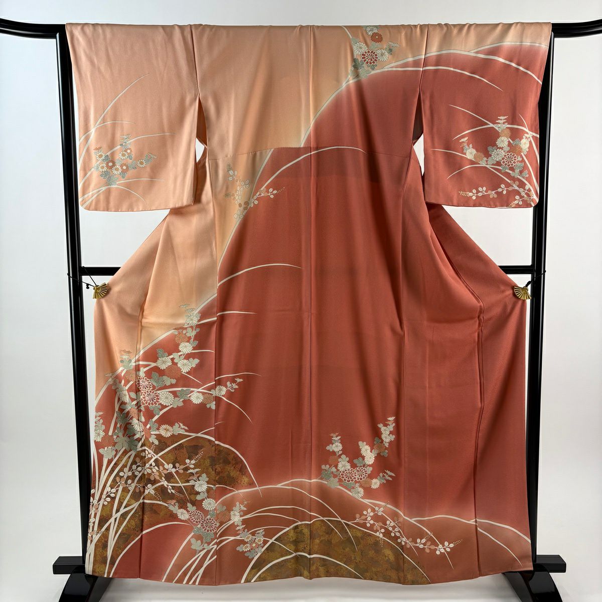 在庫一掃】 付下げ 身丈156cm 裄丈65cm M 袷 扇 萩 刺繍 金銀彩