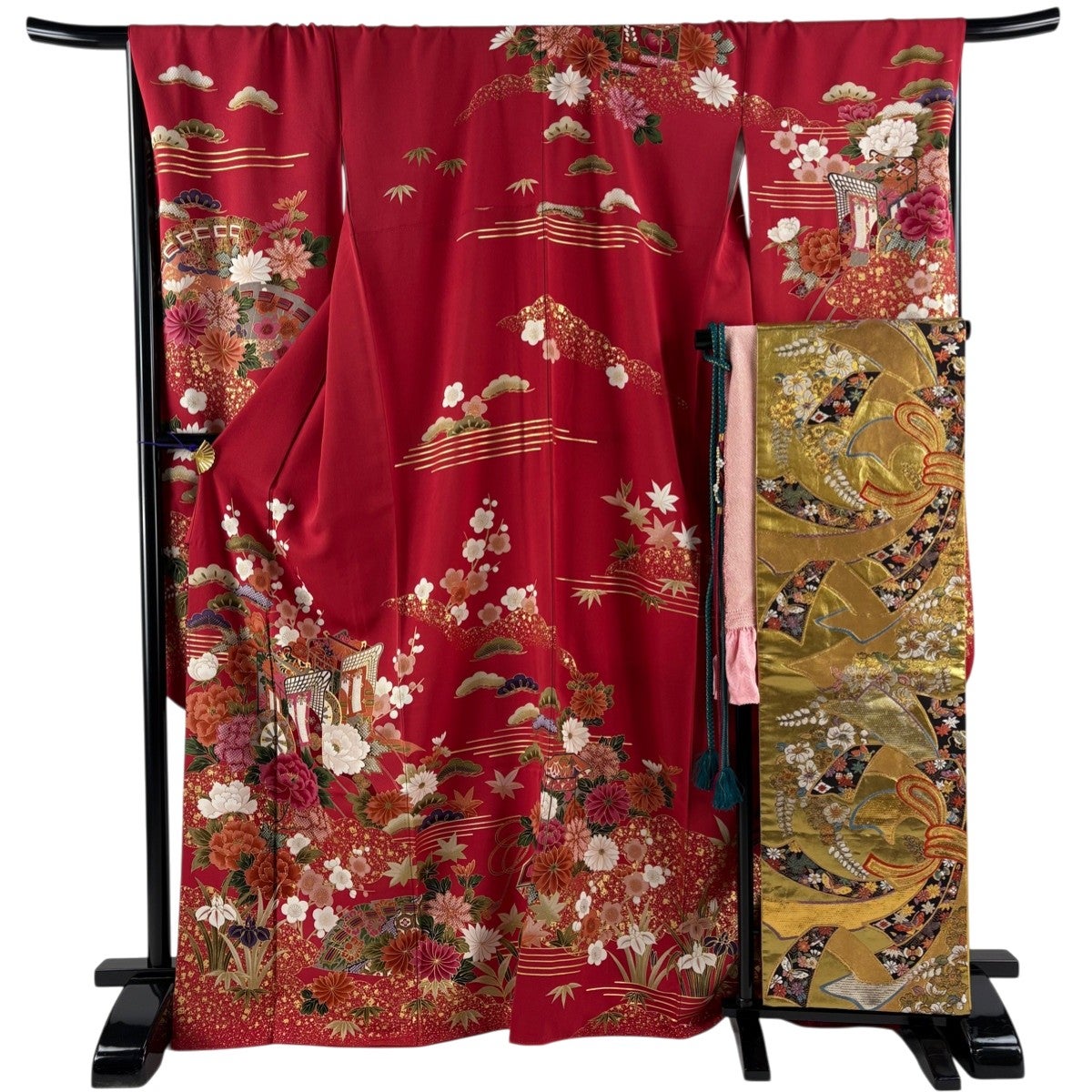 振袖 身丈167.5cm 裄丈70.5cm L 袷 袋帯フルセット 御所車 草花 金糸 