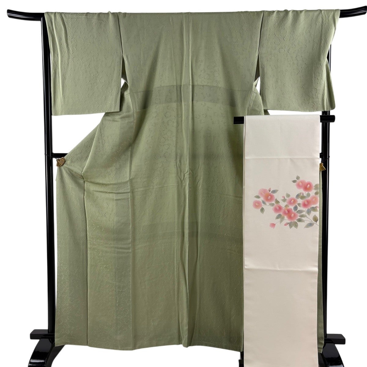 美品】 色無地 身丈166cm 裄丈68.5cm L 袷 名古屋帯セット 地紋 薄緑