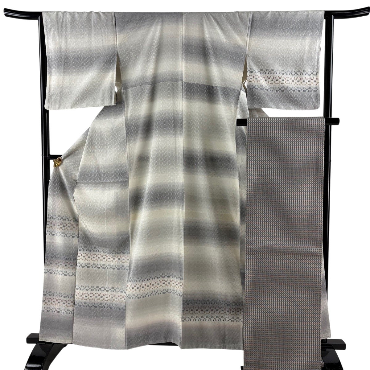 美品】 付下げ 身丈162.5cm 裄丈64cm M 袷 袋帯セット 幾何学 段縞