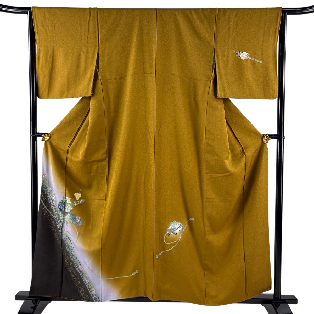 付下げ 身丈158.5cm 裄丈64.5cm M 袷 花器 花唐草 螺鈿 金銀彩 山吹