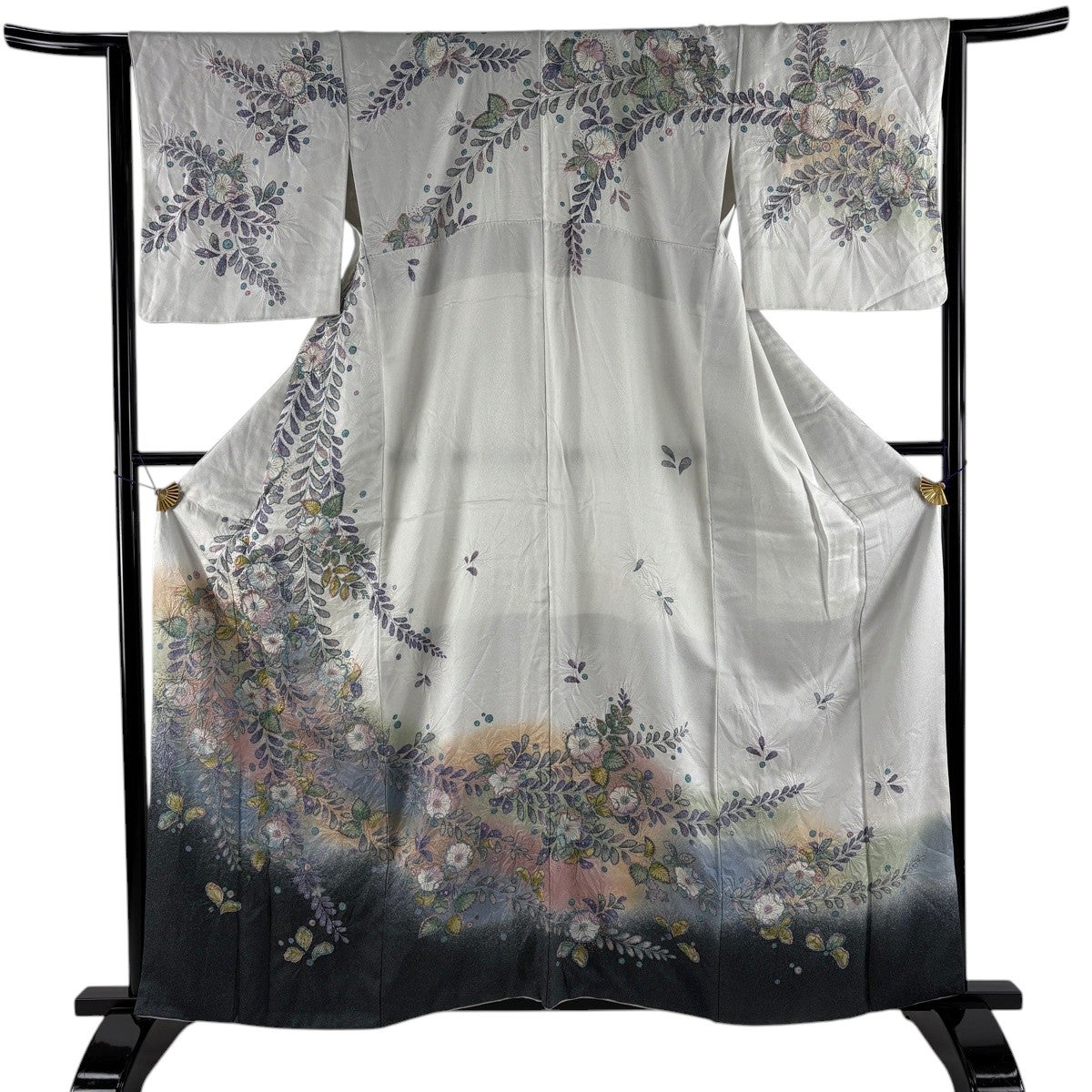 新古品！美品＊単衣＊灰藤色＊絞り柄＆水玉＊オシャレ＊着物＊１６０ｃｍ＊裄６８ 訪問着 身丈160cm 裄丈65cm M 袷 草花 金彩 絞り 灰白 正絹 名品｜中古