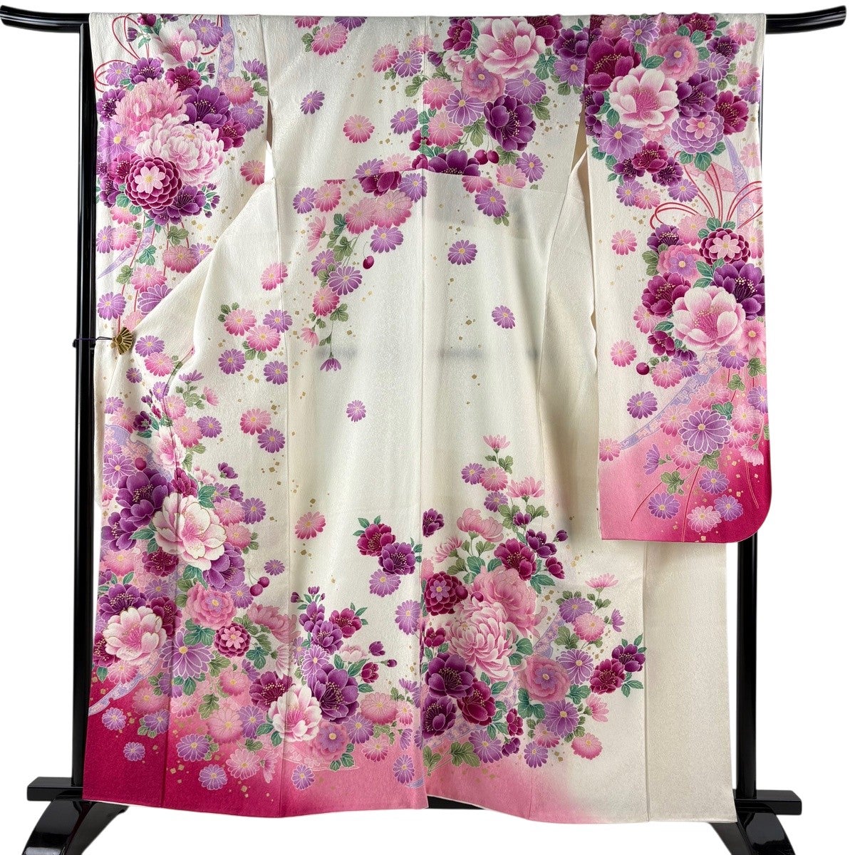 振袖 身丈160cm 裄丈66.5cm M 袷 草花 菊 銀通し 箔 白 正絹 逸品