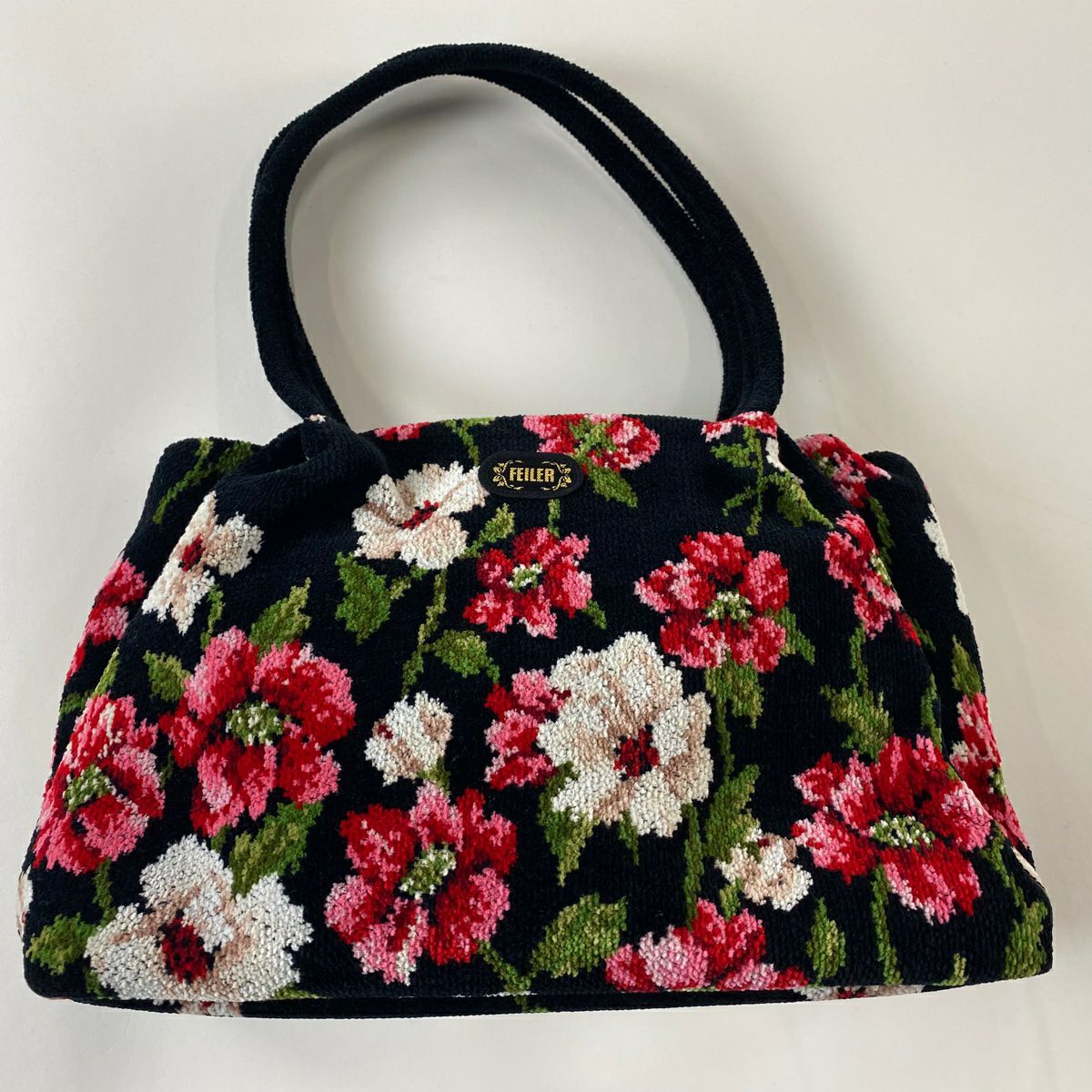 和装バッグ 美品 優品 カジュアル フェイラー 草花 黒 綿 和装小物
