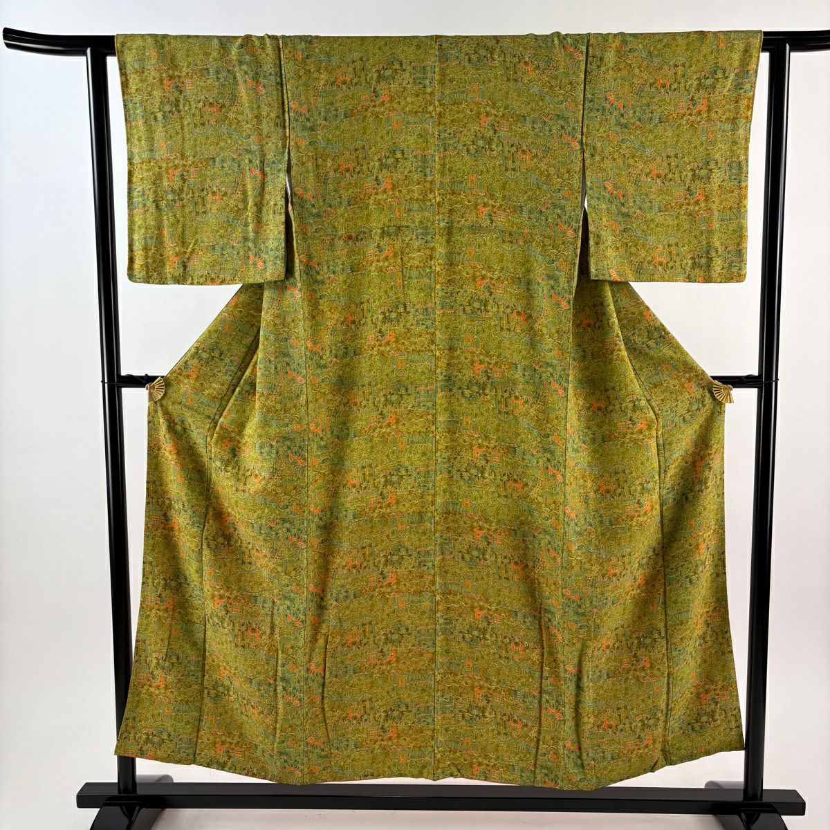 振袖 身丈159cm 裄丈63.5cm S 袷 菊 牡丹 総絞り 黄緑色 正絹 秀品
