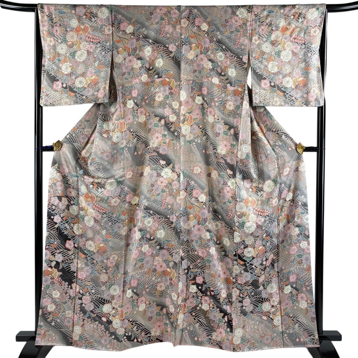 【美品】 小紋 身丈152.5cm 裄丈63cm 正絹 名品 【中古】 美品】 小紋 身丈154.5cm 裄丈63cm S 袷 墨流し 灰色 正絹 名品 一つ紋