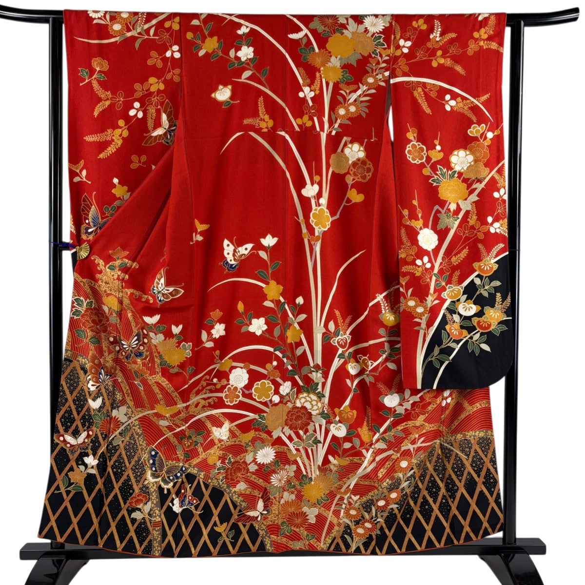 振袖 身丈157cm 裄丈63cm S 袷 花籠 蝶 金糸 金彩 赤紫 正絹 秀品
