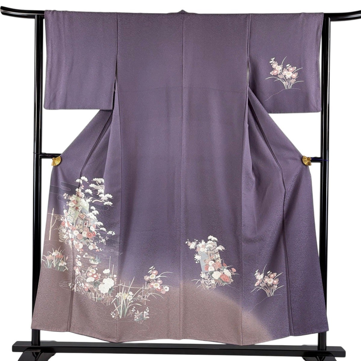 小紋 身丈162cm 裄丈66cm M 袷 蝶 地紋 絞り 黒 正絹 秀品｜中古・古着