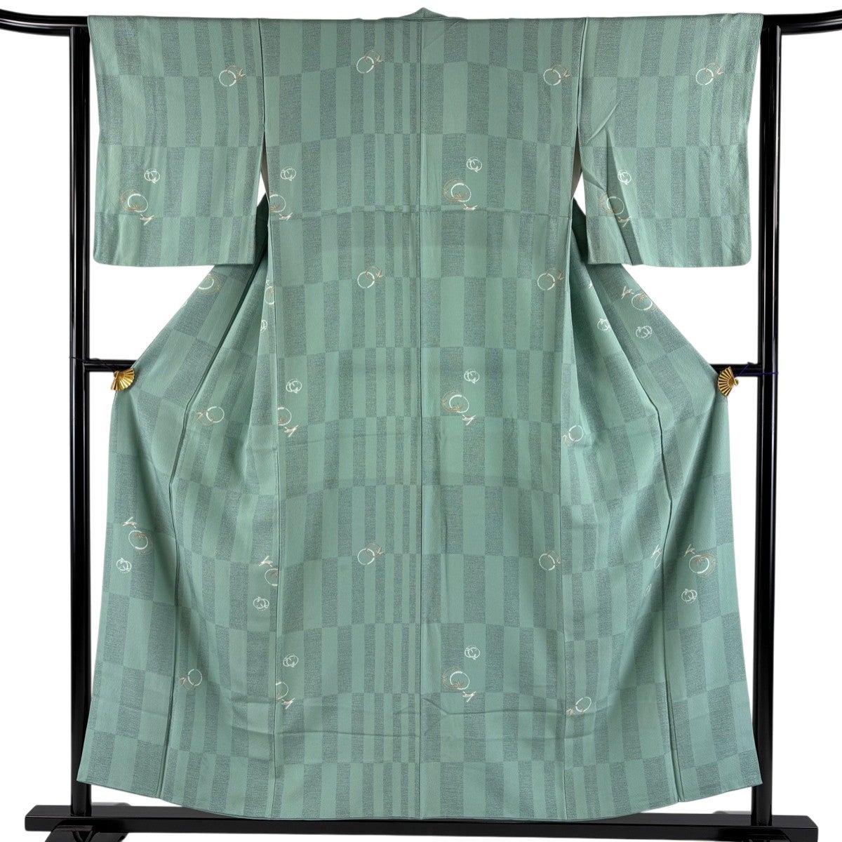 【美品】 小紋 身丈152cm 裄丈62cm 正絹 秀品 【中古】 美品】 小紋 身丈151.5cm 裄丈63cm S 袷 縦縞 地紋 灰緑 正絹 秀品