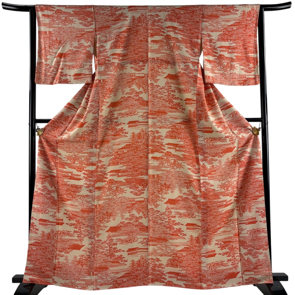 アンティーク正絹オレンジ色の着物単品 美品】 小紋 身丈163.5cm 裄丈63cm S 袷 建物 樹木 オレンジ 正絹 優品