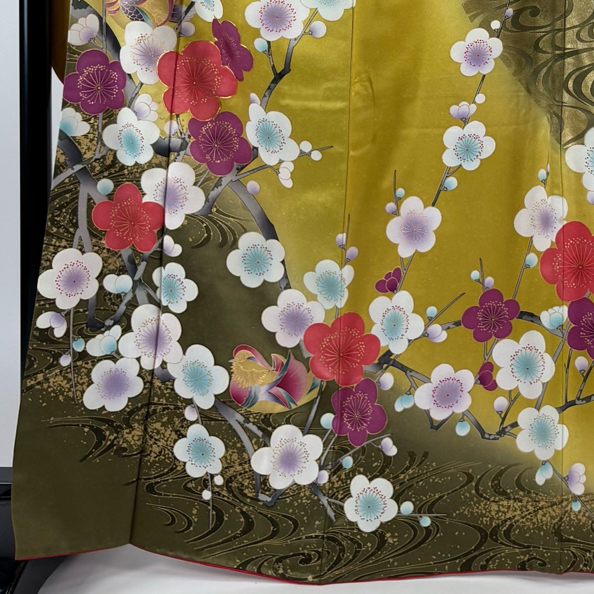 振袖 逸品 身丈166cm 裄丈65cm 正絹 【中古】 振袖 身丈166cm 裄丈65cm M 袷 枝梅 流水 金糸 金彩 からし色 正絹 秀