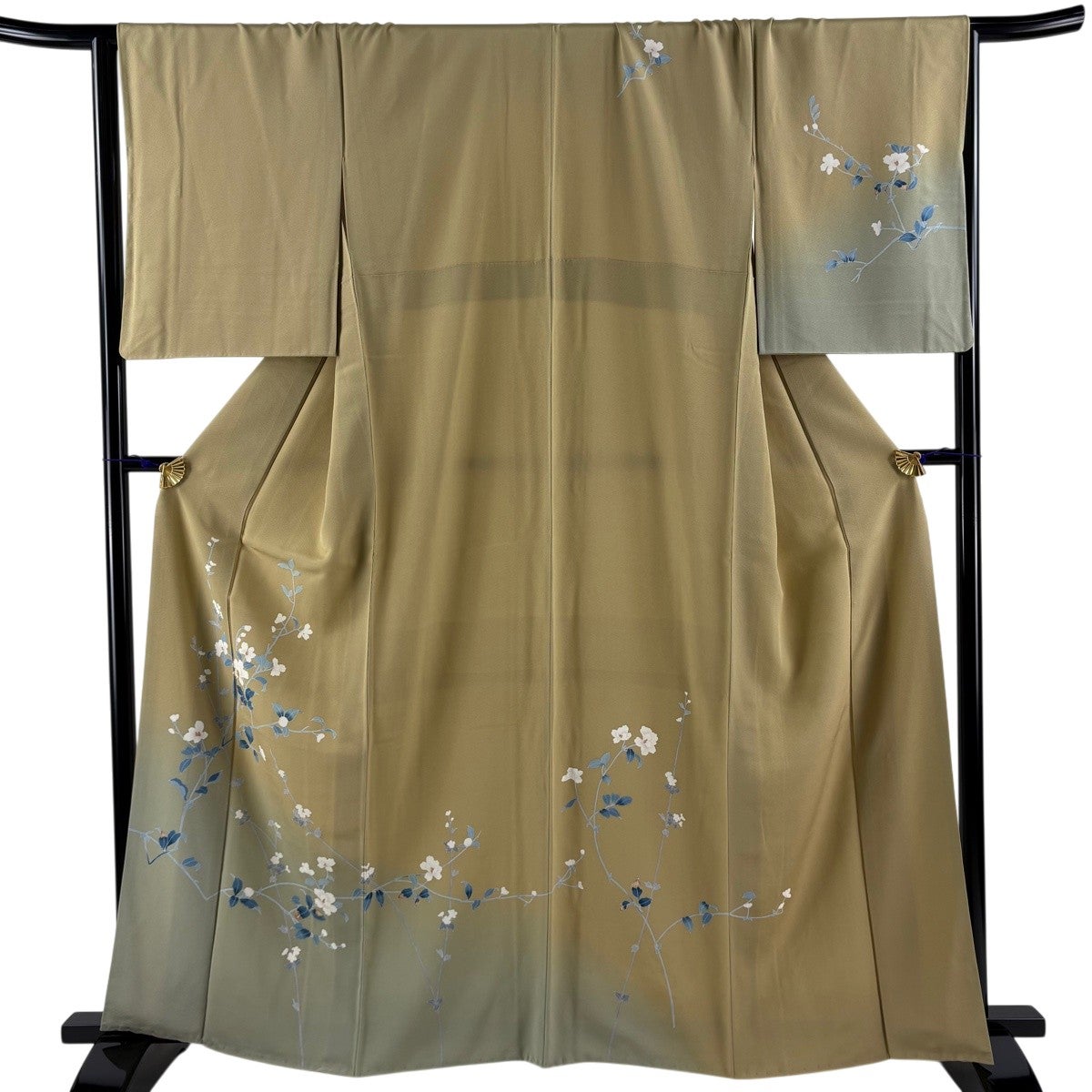 訪問着 身丈158.5cm 裄丈63.5cm S 袷 草花 金彩 抹茶色 正絹 秀品