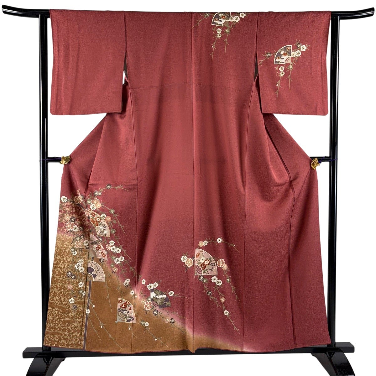 訪問着 身丈157cm 裄丈63cm S 袷 扇 桜 金彩 染め分け 小豆色 正絹 秀
