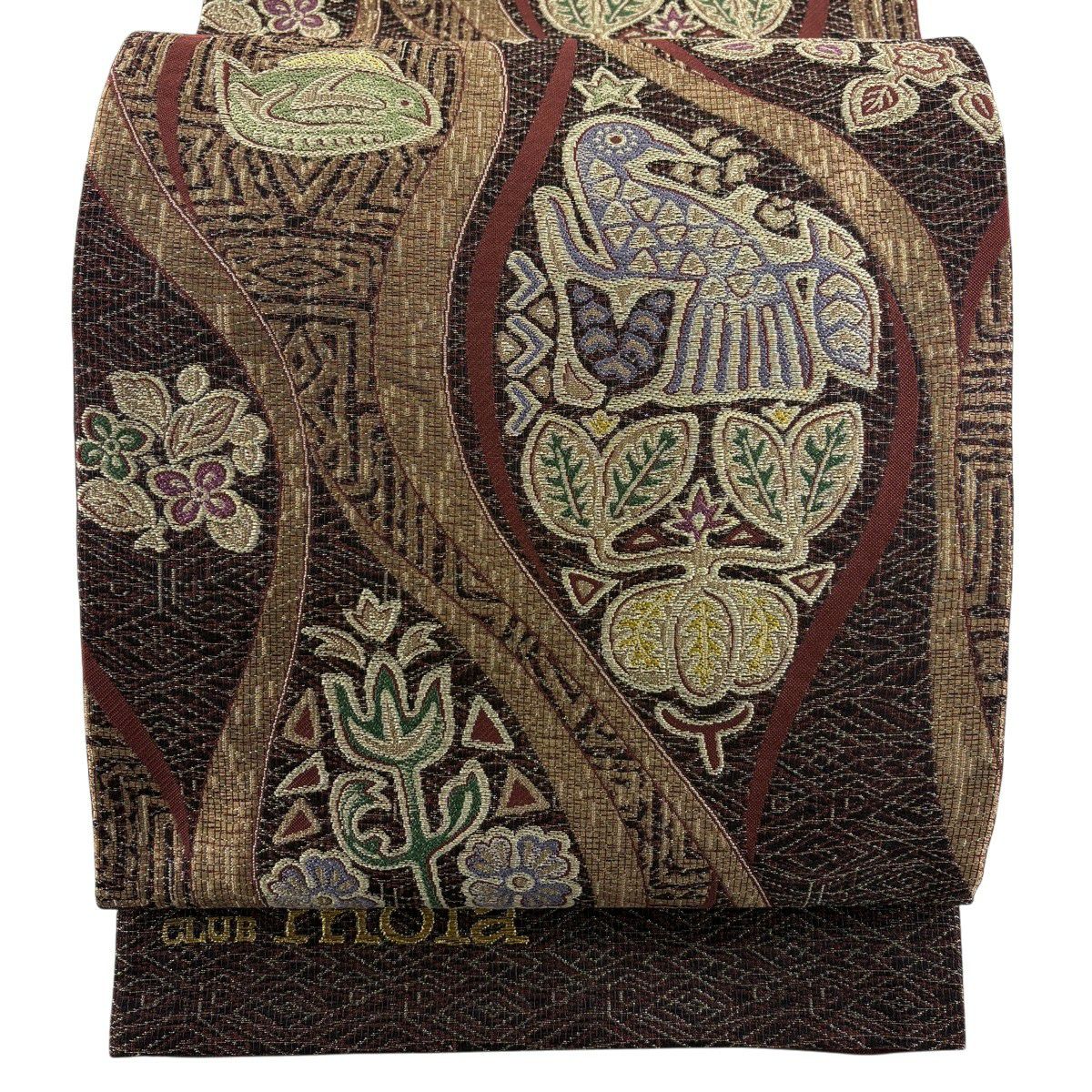 美品】袋帯 名品 CLUB mola 花鳥 魚 箔 金銀糸 赤茶 六通 正絹｜中古