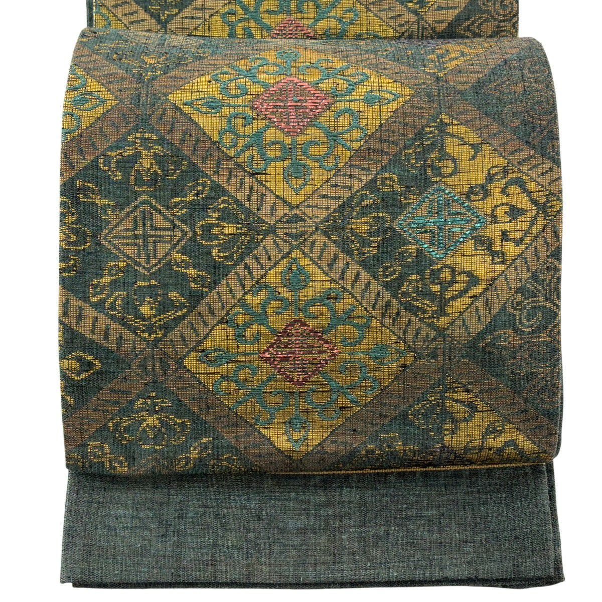 【美品】袋帯　金色と緑の波状模様 キラキラ　六通 美品】 袋帯 名品 証紙あり 高島織物 羅紗織 陶眩 渦巻き 金糸 箔 深緑