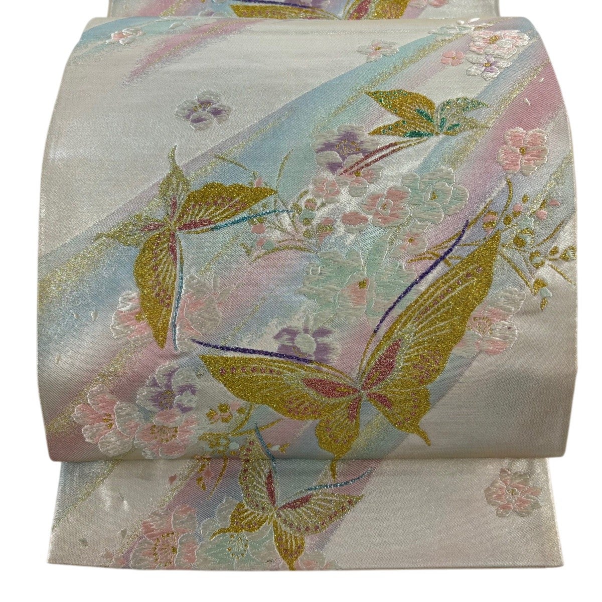 30%OFF 袋帯 秀品 鈴乃屋 蝶 菊 唐織 箔 金色 六通 正絹 K30｜中古