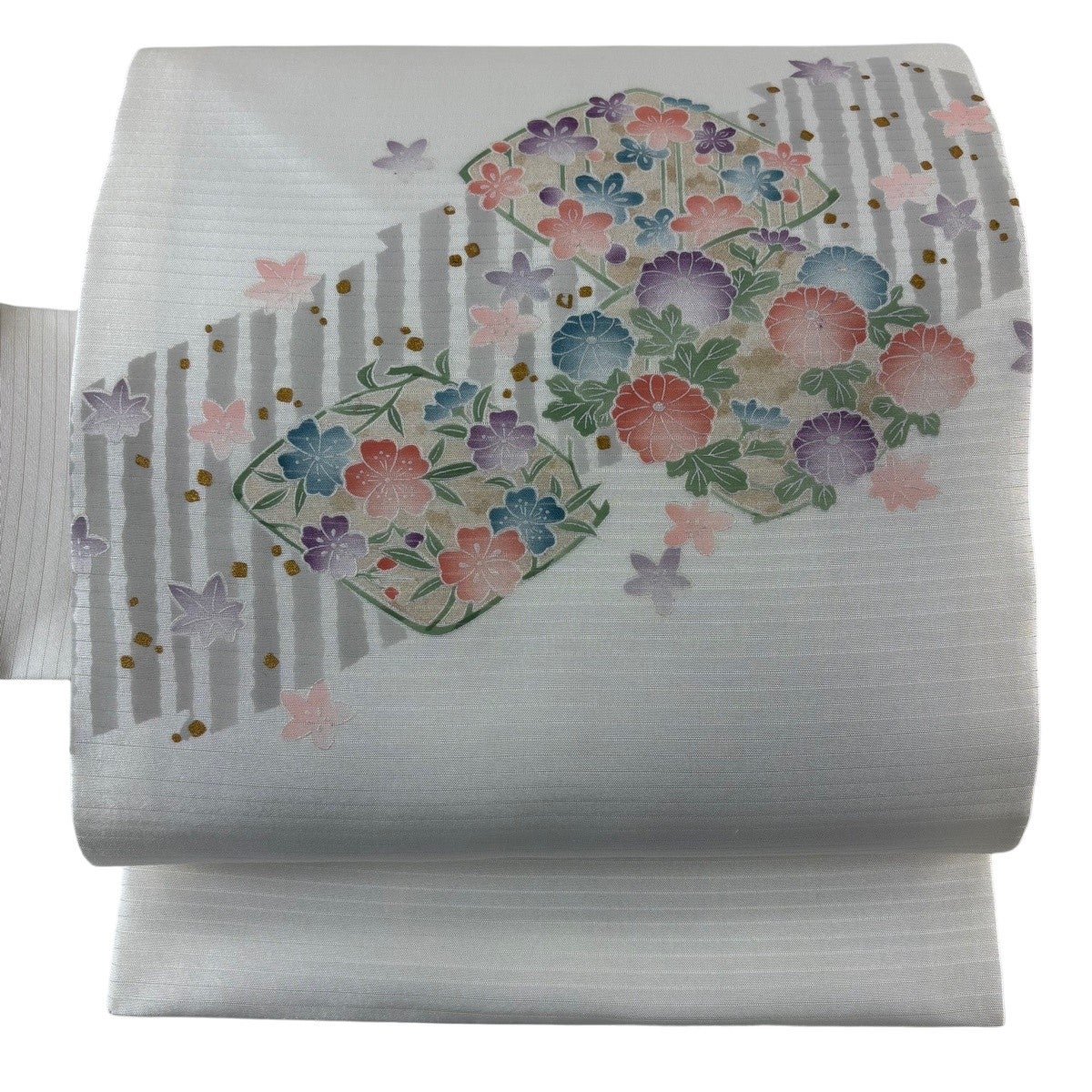夏用の絽の名古屋帯 白とグレーのストライプ、キラキラになっています 名古屋帯 優品 夏帯 絽 縞 幾何学 箔 白 正絹｜中古・古着・リサイクル