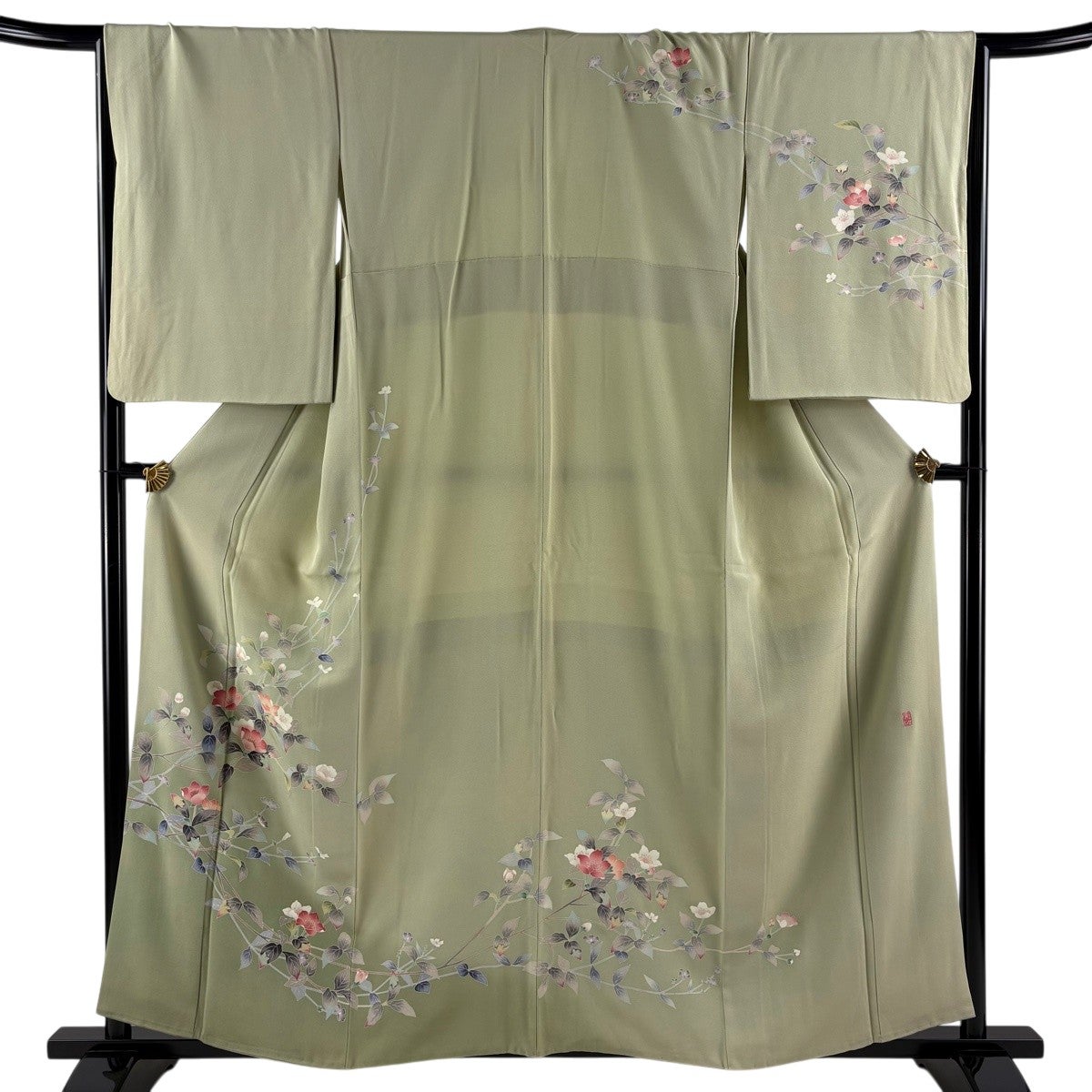 訪問着 身丈159cm 裄丈65cm M 袷 落款あり 枝花 ぼかし 薄緑 正絹 秀品