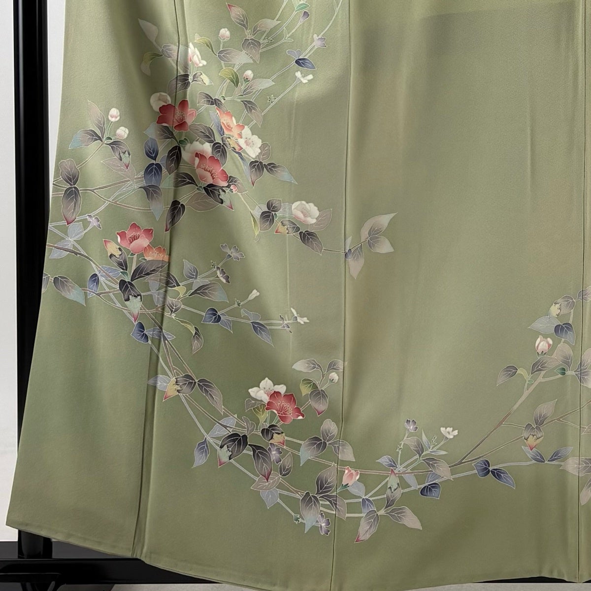 訪問着 身丈159cm 裄丈65cm M 袷 落款あり 枝花 ぼかし 薄緑 正絹 秀品