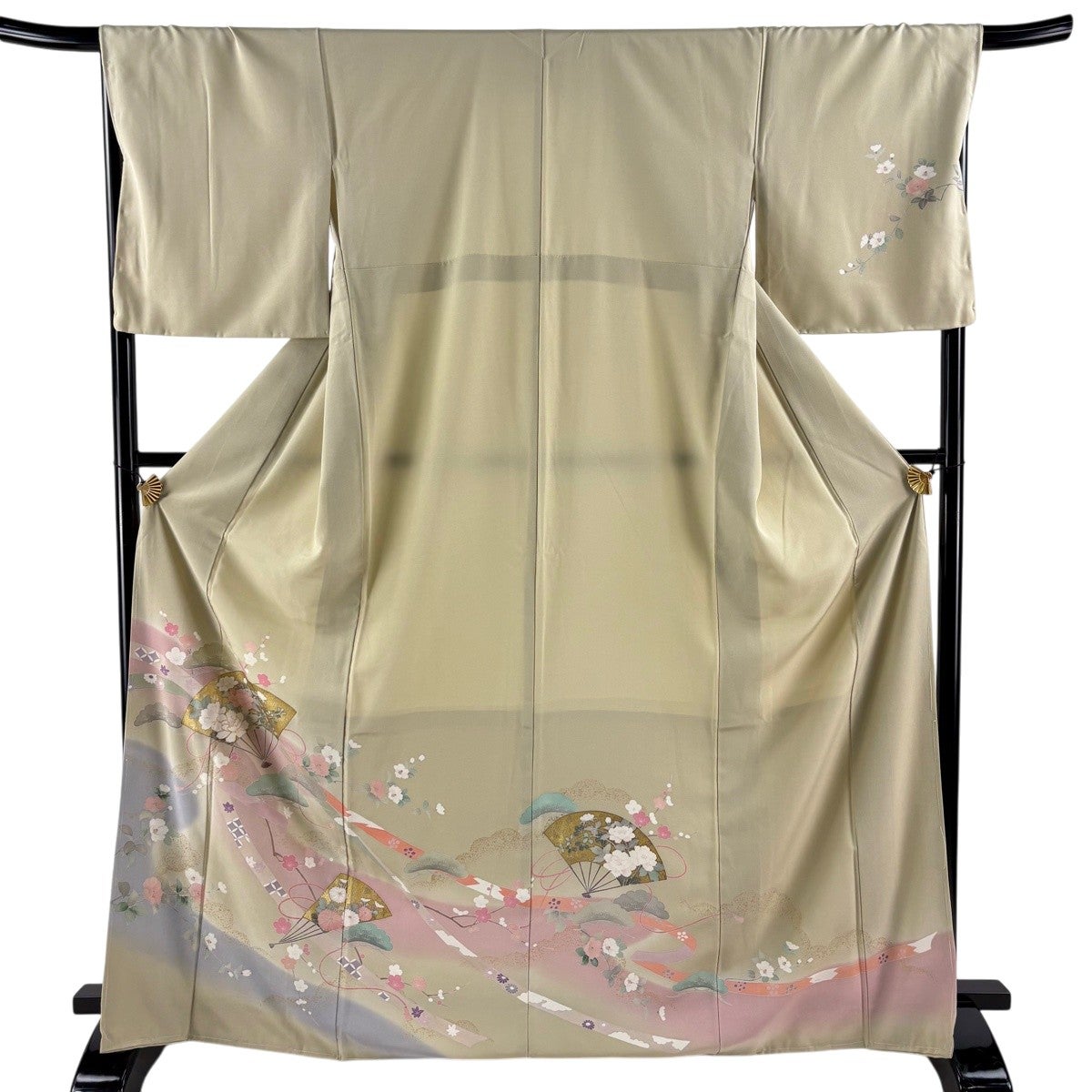 訪問着 身丈169.5cm 裄丈68cm L 袷 扇 枝花 金糸 金彩 灰緑 正絹 秀品