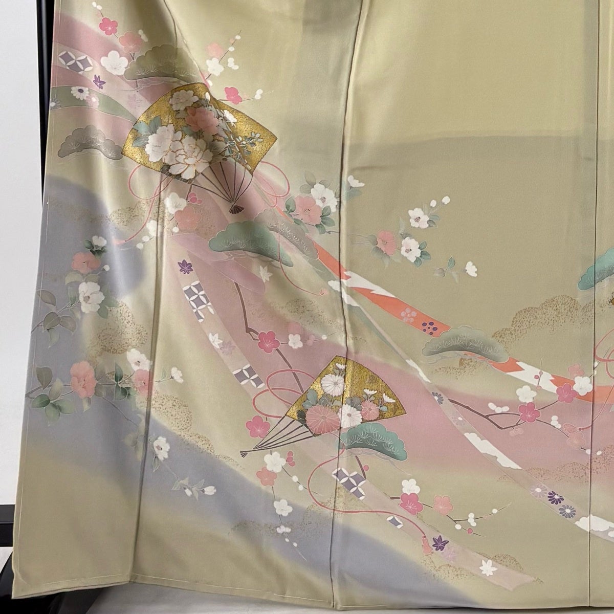 訪問着 身丈169.5cm 裄丈68cm L 袷 扇 枝花 金糸 金彩 灰緑 正絹 秀品