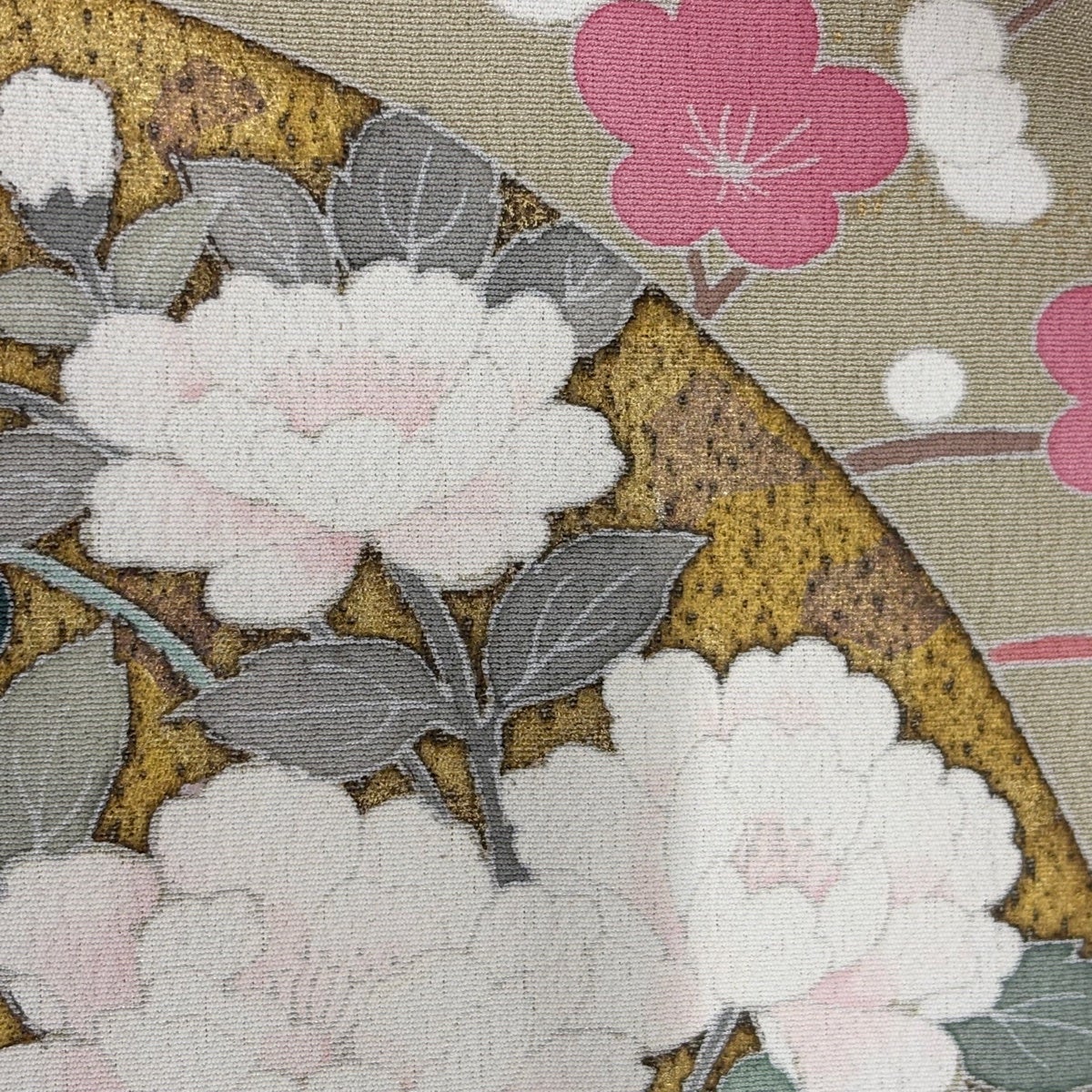 訪問着 身丈169.5cm 裄丈68cm L 袷 扇 枝花 金糸 金彩 灰緑 正絹 秀品