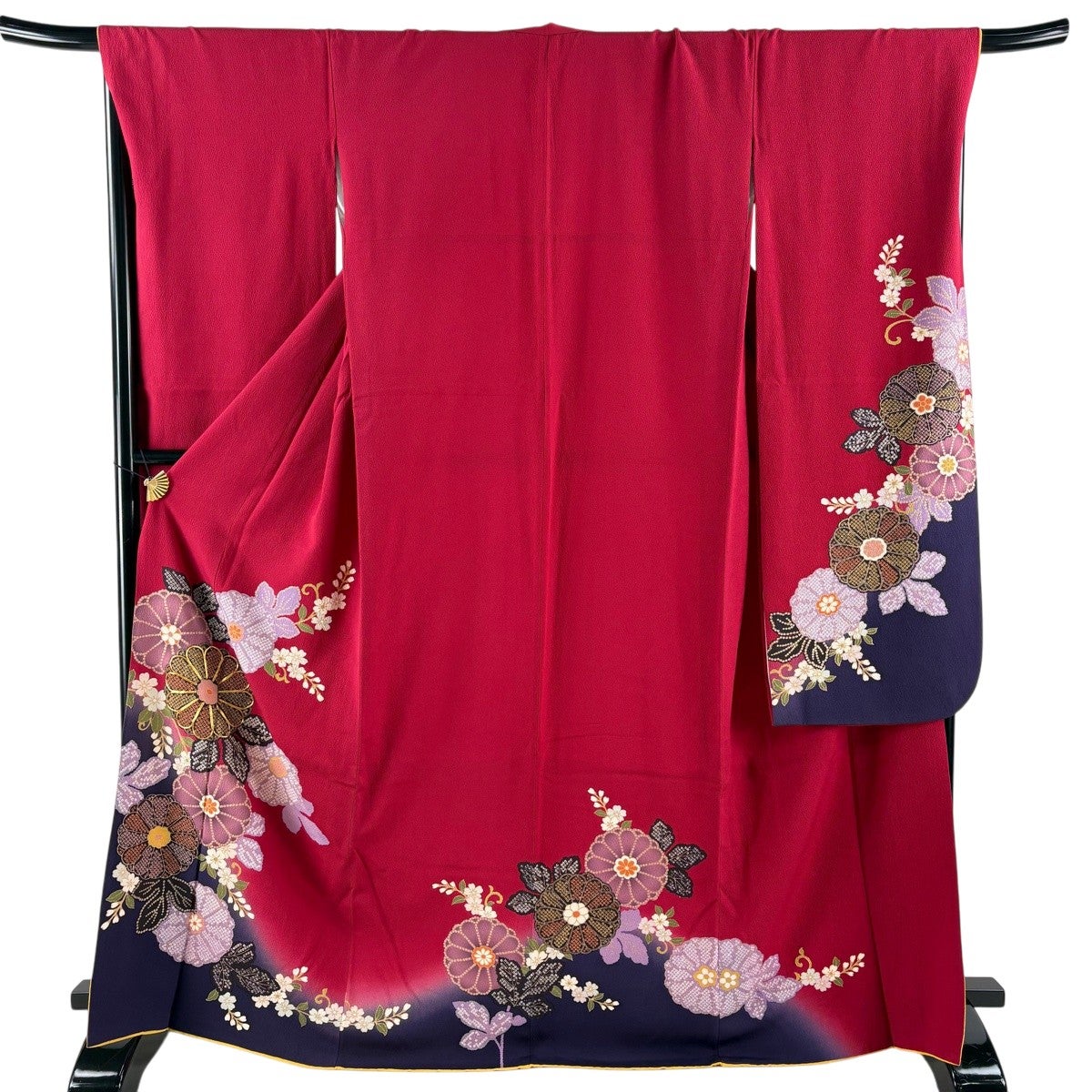 振袖 身丈169cm 裄丈69cm L 袷 菊 桜 金糸 金彩 赤紫 正絹 秀品｜中古