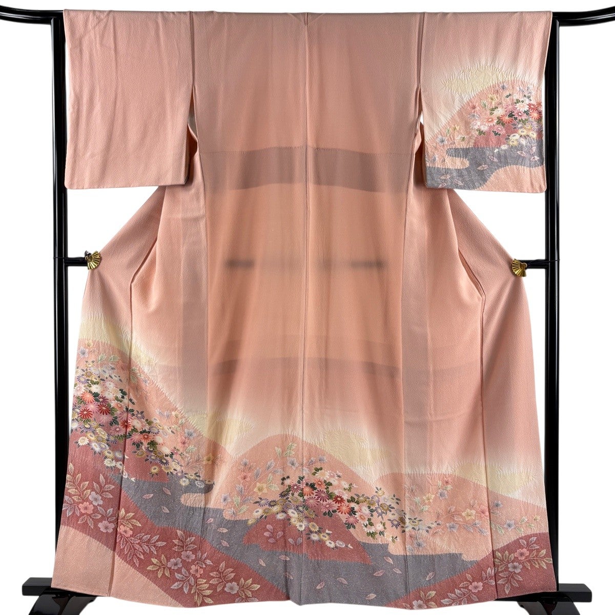美品】 訪問着 身丈160cm 裄丈64.5cm M 袷 草花 霞 絞り ぼかし ピンク