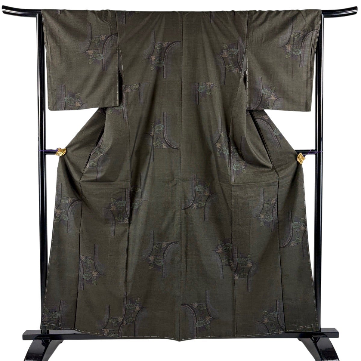 美品】 紬 身丈160.5cm 裄丈64.5cm M 袷 蕪 幾何学模様 茶緑色 正絹 秀