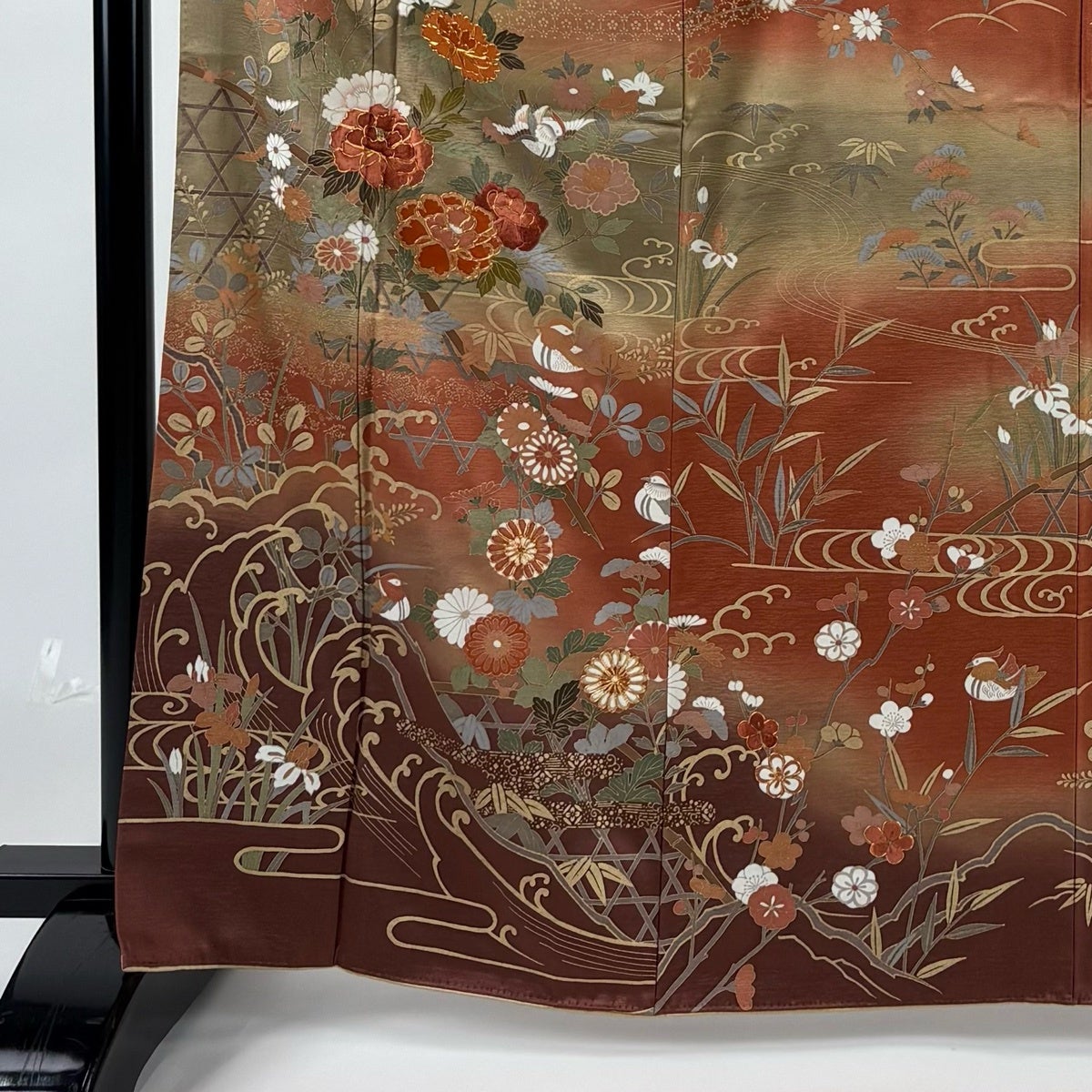 美品】 訪問着 身丈165cm 裄丈65cm M 袷 やまと 牡丹 鴛鴦 刺繍 金彩