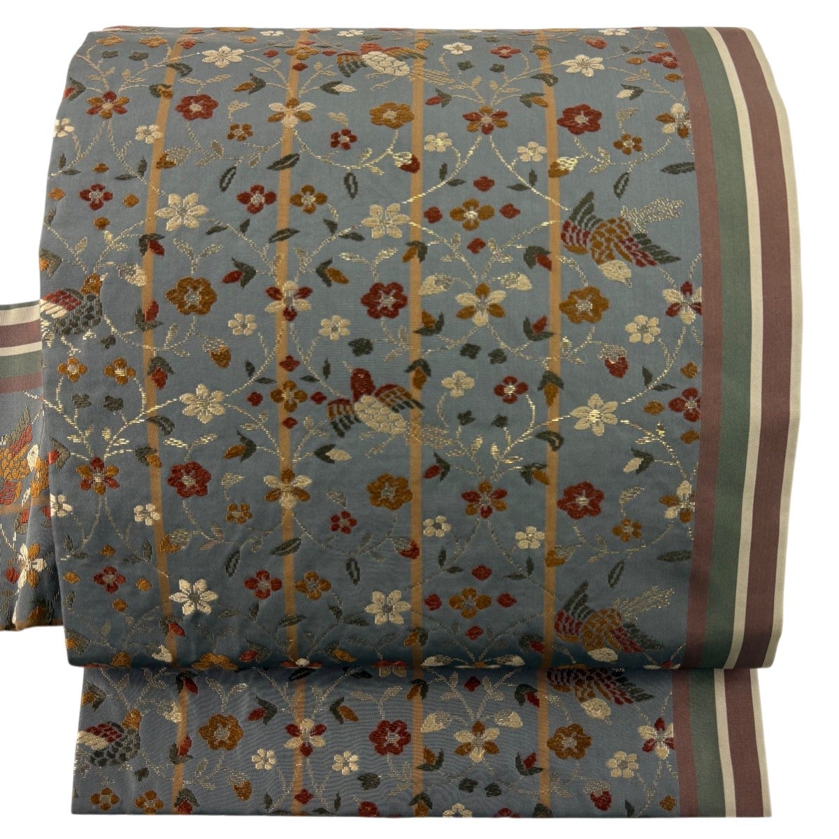 30%OFF 名古屋帯 秀品 花唐草 鳥 刺繍 箔 灰色 正絹 K30｜中古・古着