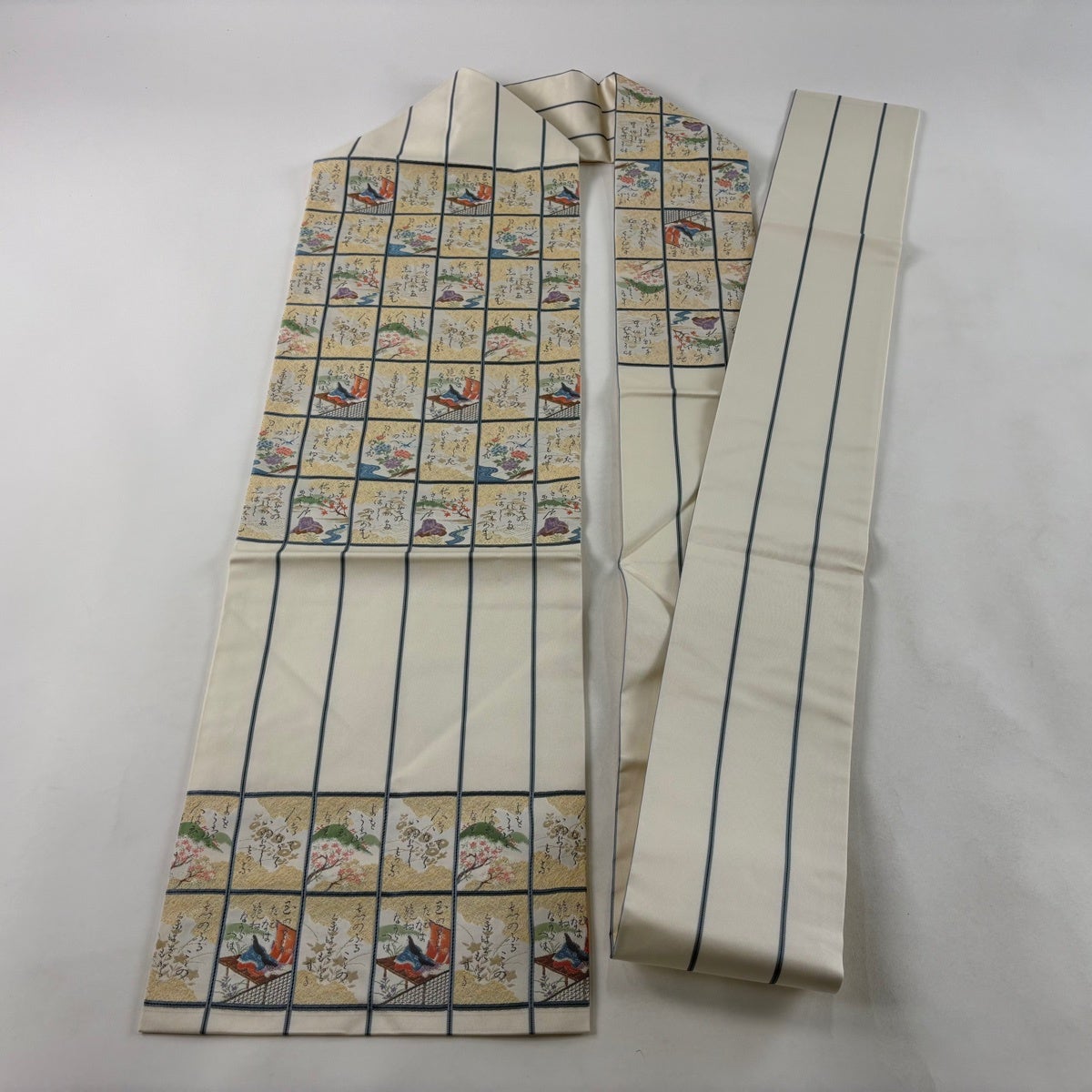 美品】 名古屋帯 秀品 百人一首 人物 金糸 白 正絹｜中古・古着