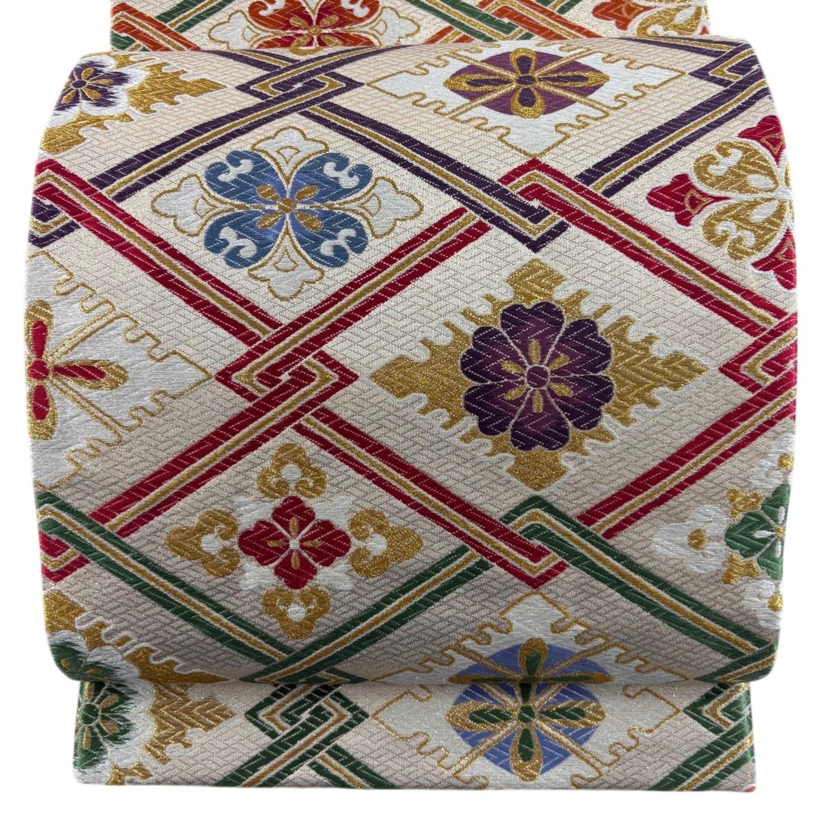 美品】 袋帯 逸品 黄金糸 七宝 花菱 金銀糸 灰茶 お太鼓柄 正絹｜中古