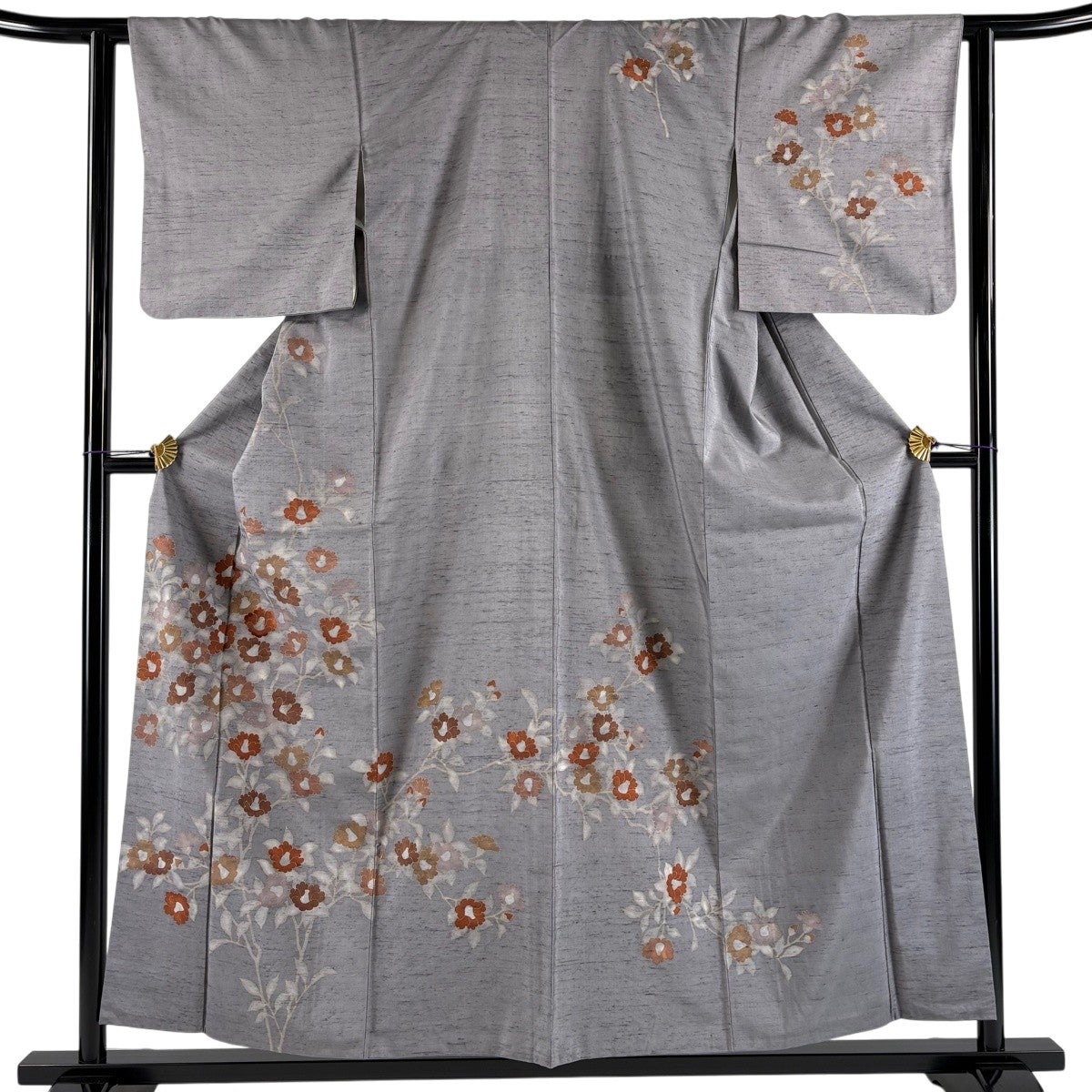 訪問着 身丈156cm 裄丈62cm S 袷 紬地 枝花 金糸 金彩 灰色 正絹 秀品