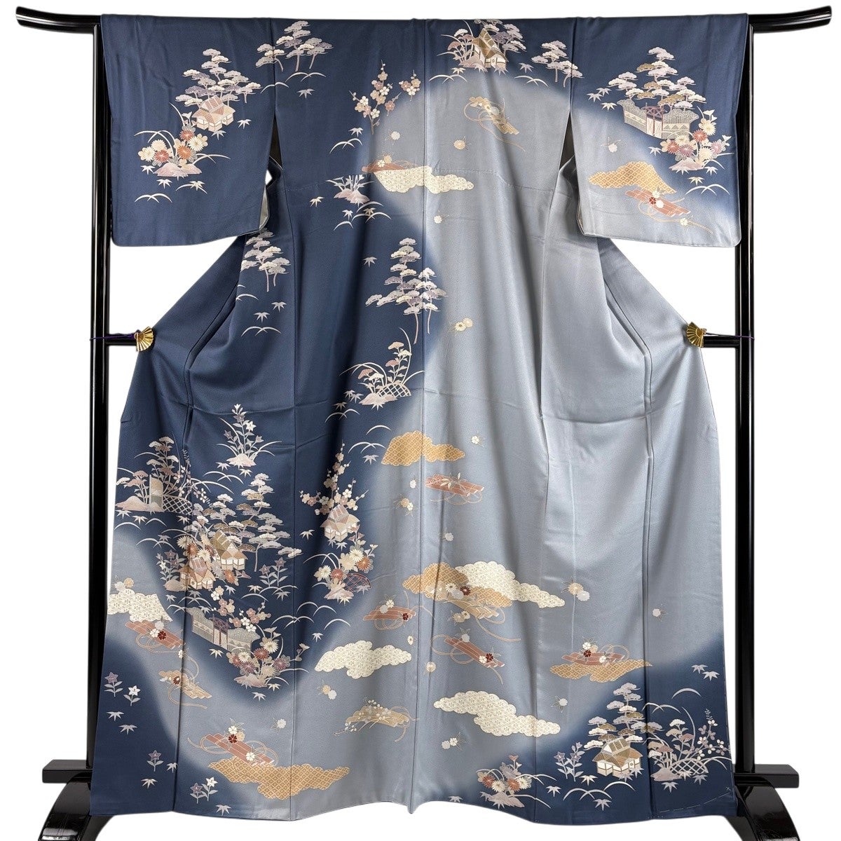 訪問着 身丈165.5cm 裄丈66cm M 袷 松竹梅 家屋 金糸 金彩 藍色 正絹