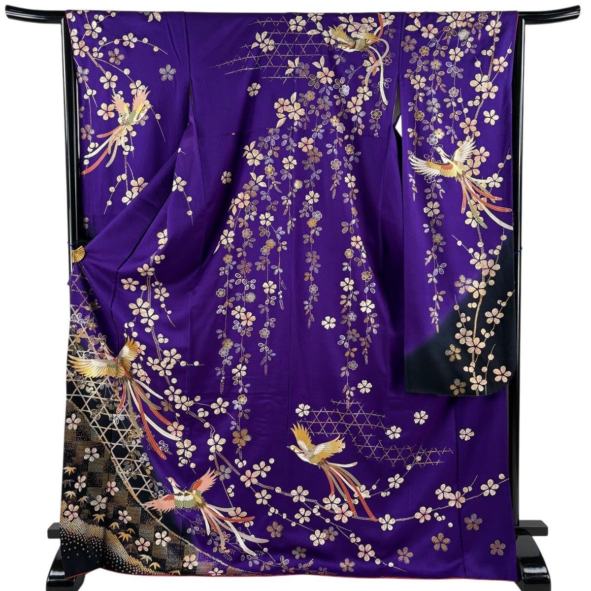 美品】 振袖 身丈174cm 裄丈64.5cm M 袷 鳳凰 草花 金糸 金銀彩 紫