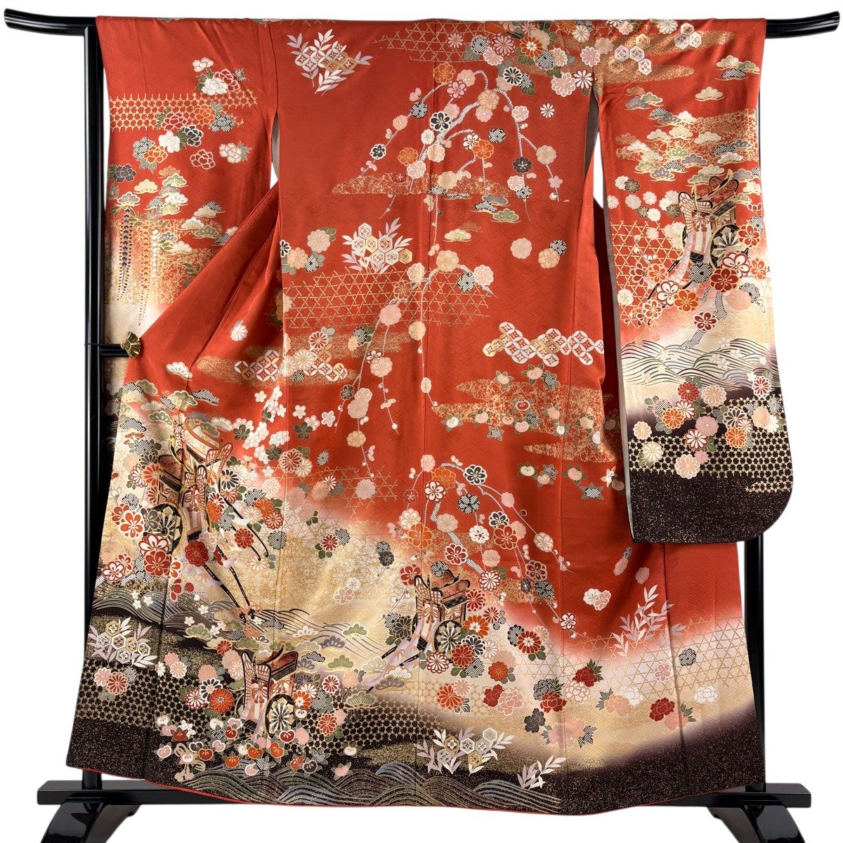 振袖 身丈168.5cm 裄丈68cm L 袷 御所車 松竹梅 金糸 金彩 朱色 正絹