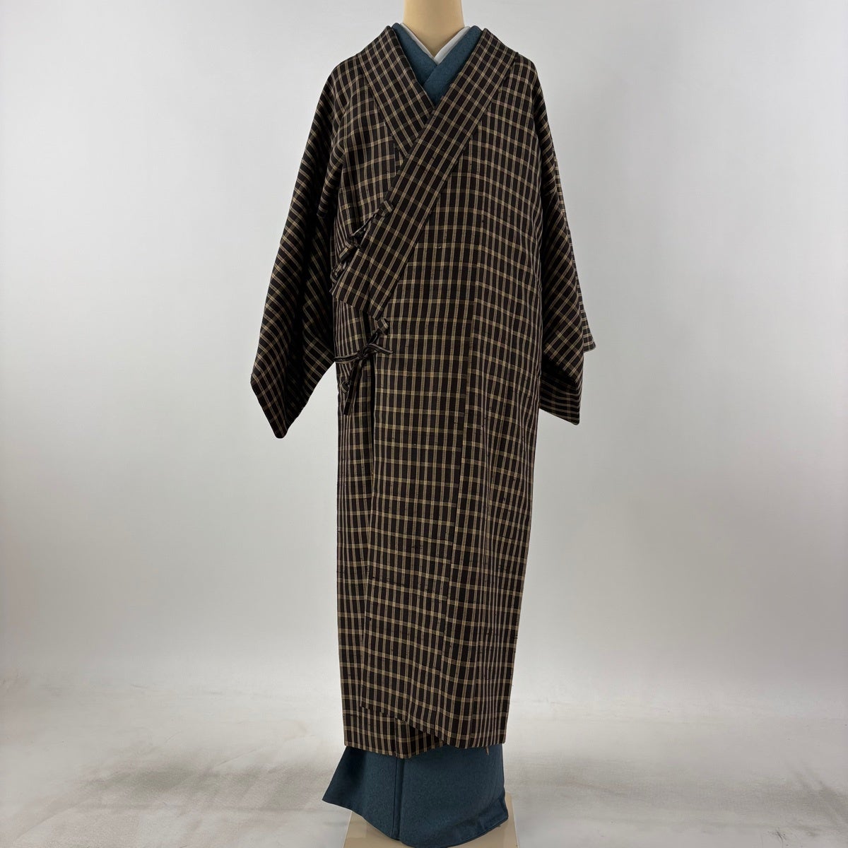 美品】 道中着 身丈127cm 裄丈64.5cm M 和装コート 着物衿 紬地 格子