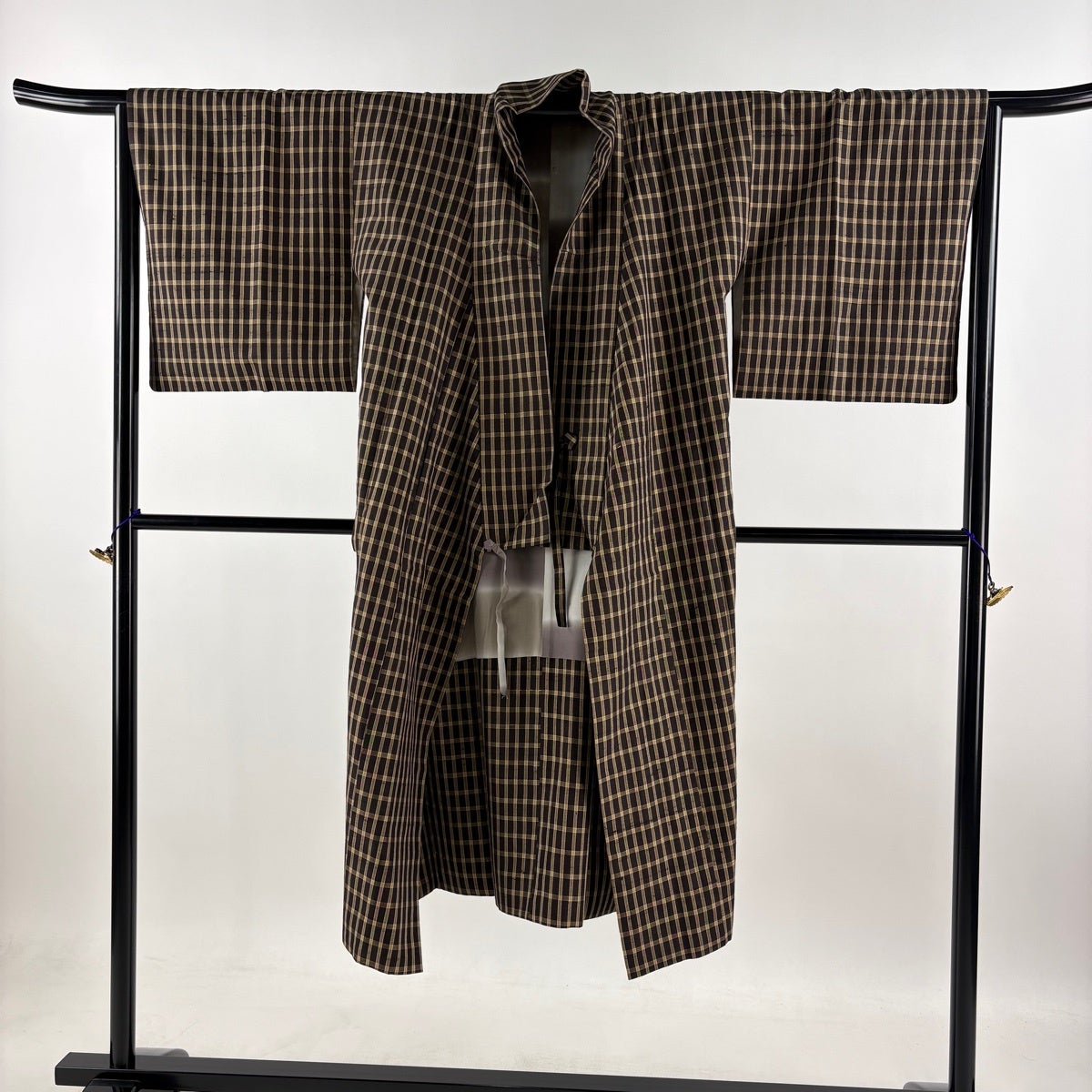 美品】 道中着 身丈127cm 裄丈64.5cm M 和装コート 着物衿 紬地 格子