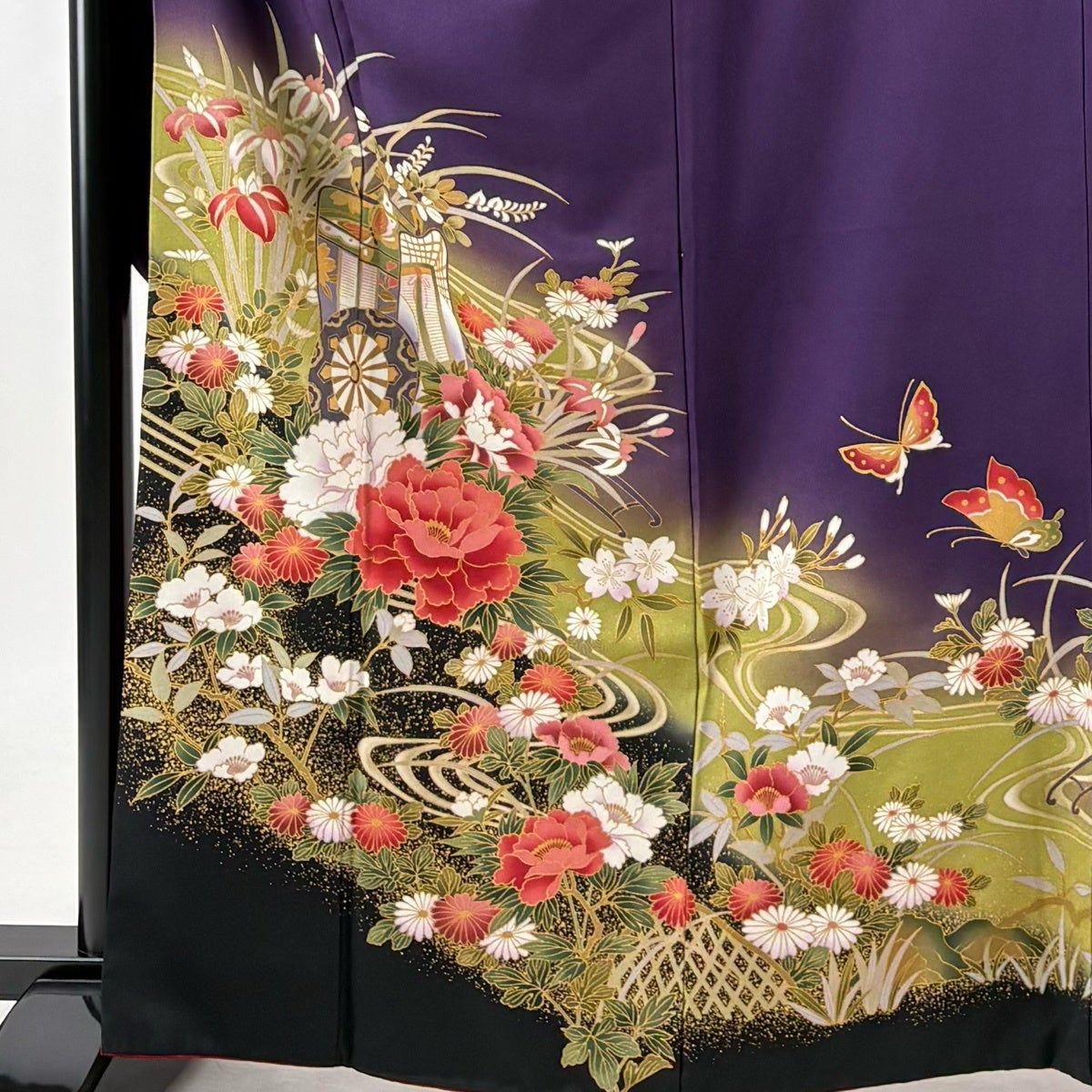 振袖 身丈164cm 裄丈68cm L 袷 御所車 草花 金彩 ぼかし 濃紫 正絹 秀