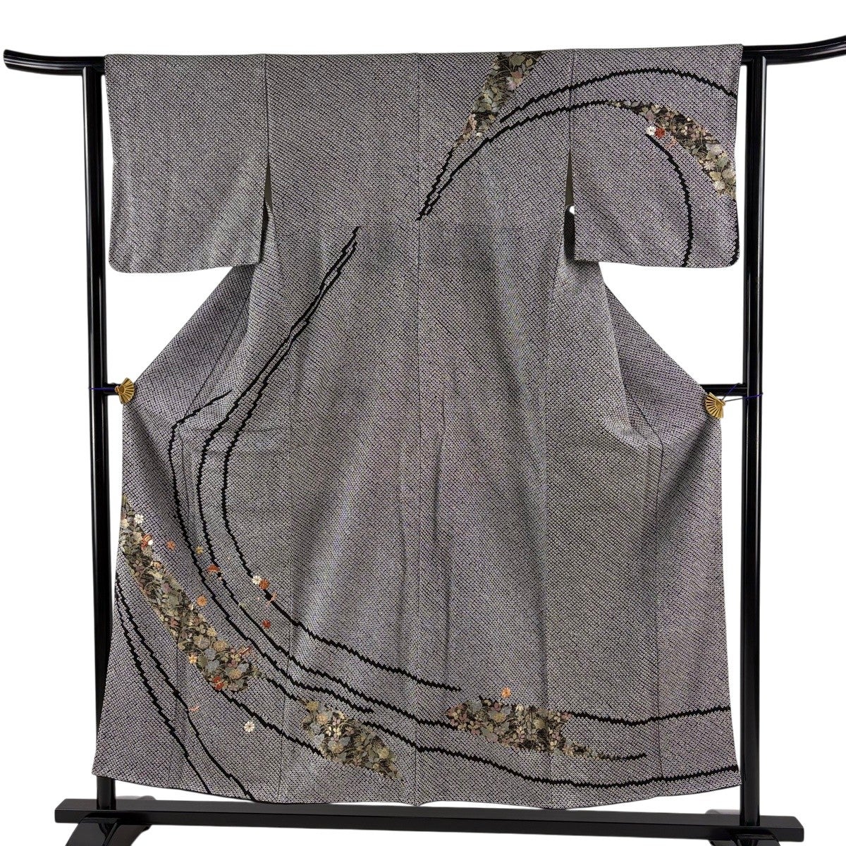 訪問着 身丈153cm 裄丈62cm S 袷 宝尽くし 草花 刺繍 絞り 黒 正絹 秀